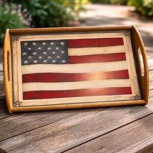 Rustic Americana Wooden Serving Tray USA Flag Decor